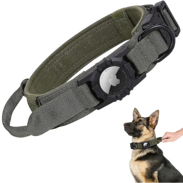 Taktisk Airtag-hundehalsbånd, Heavy Duty Air Tag-hundehalsbånd, Militærhundehalsbånd med æble-airtag-holder og håndtag Green XL
