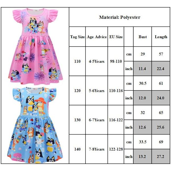 Lasten tyttöjen Bluey-koiran ystävien puvumekko Pliseerattu hame Prinsessapukujuhlat Lahjat Sininen Blue 140cm