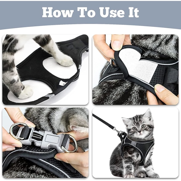 Andningsbar och justerbar kattsele - Kattkoppel med reflexer - Halsband, selar och koppel för katter och små hundar - svart (xs)