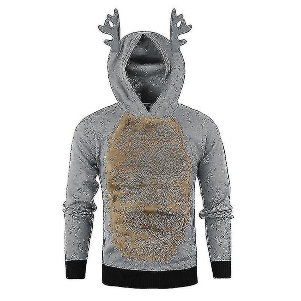 Mænd Christmas Hættetrøje Jumper Toppe Xmas Rudolph Reindeer Pullover Sweatshirt Grey 2XL