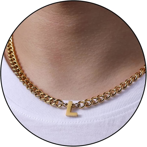 Initial A-z Cuban Link Chain Halsband För Pojkar Män Kvinnor Brevhänge Rostfritt stål 6,5 mm 18+2 Inches Smycken Present Gold L