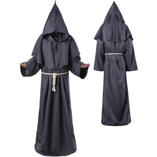 Unisex Aikuisten Keskiaikainen Takki Puku Munkki Huppu Takki Viitta Friar Pappi Noita Halloween Tunika Puku 3kpl Grey XX-Large