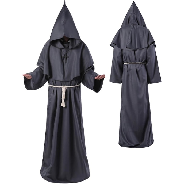 Unisex voksen middelalderkåbe kostume munk hættekåbe kappe broder præst troldmand halloween tunika kostume 3 stk. Grey Large