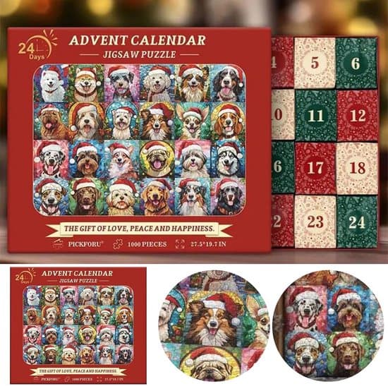 Adventskalender, puslespill til juletiden: 1000 biter med julehunder, nedtelling til jul (24 dager)