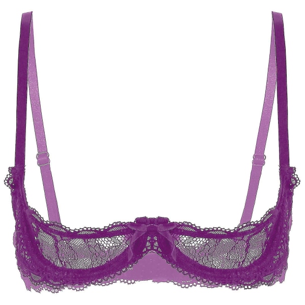 Dameundertøy med 1/4 kopper, underwire, halterhals, O-ring, gjennomsiktig blonde, push-up bh, Xinmu Purple C M