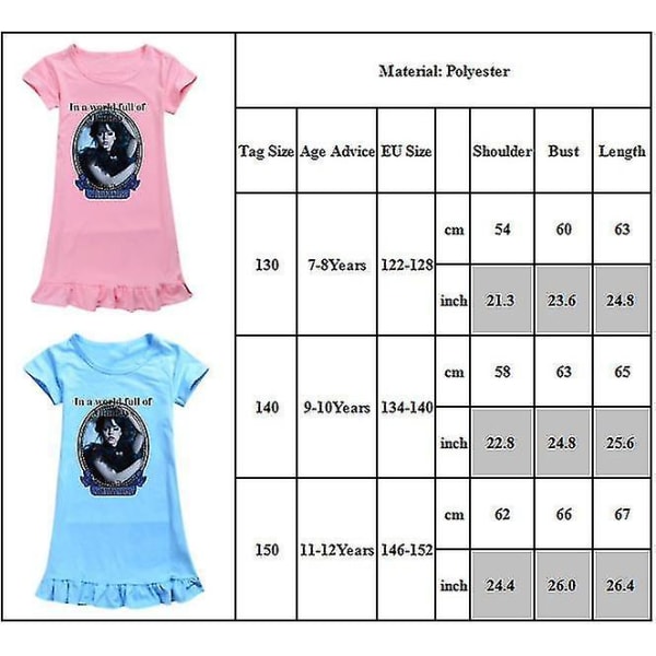 Børn Børn Piger Onsdag Addams Printet Addams Family Theme Sleep Dress Kortærmet Sommer Rundhals Løs Sky Blue 110
