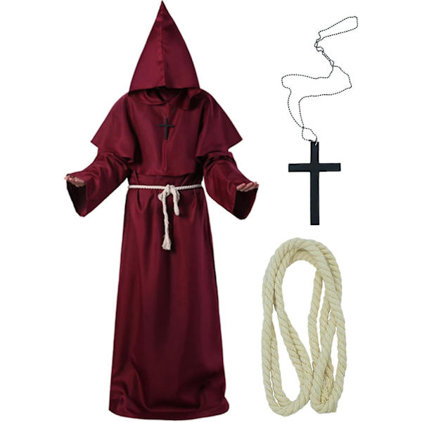 Unisex Aikuisten Keskiaikainen Takki Puku Munkki Huppu Takki Viitta Friar Pappi Noita Halloween Tunika Puku 3kpl Burgundy Small