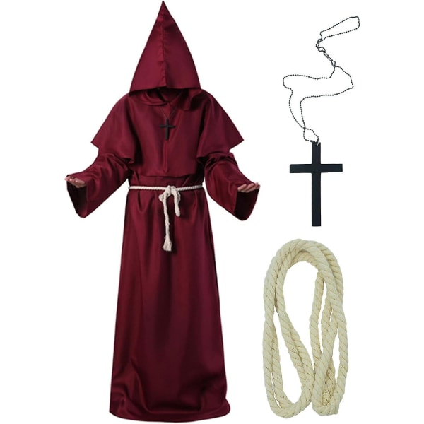 Unisex voksen middelalderkåbe kostume munk hættekåbe kappe broder præst troldmand halloween tunika kostume 3 stk. Burgundy Small