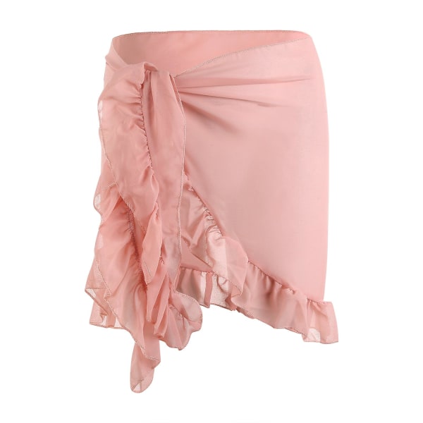 Tunna Mesh Mini Ruffle Kjolar Kvinnor Omslag Tassel Klänning Bikini Badkjol Kvinnor Baddräkt Strandkläder Wrap Pink Apricot