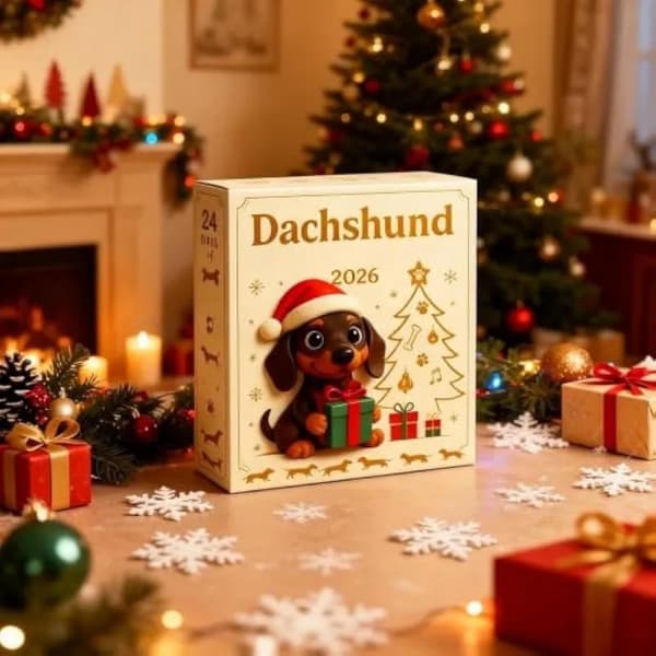 En julekalender med 24-dagers nedtelling, med dachs-design, laget av akryl