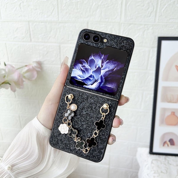 Bling Glitter case , joka on yhteensopiva Samsung Galaxy Z Flip 5 -puhelimen kanssa, Pu- cover ja ranneke rannerengasketju Black