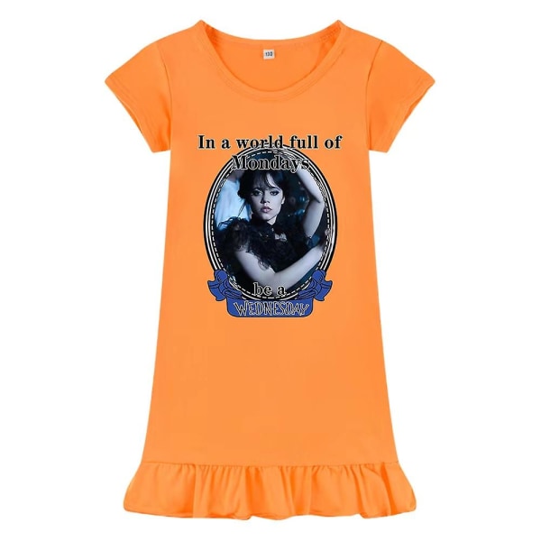 Barn Barn Flickor Onsdag Addams Printed Addams Familjetema Sovklänning Kortärmad sommar Crew Neck Lös orange 150