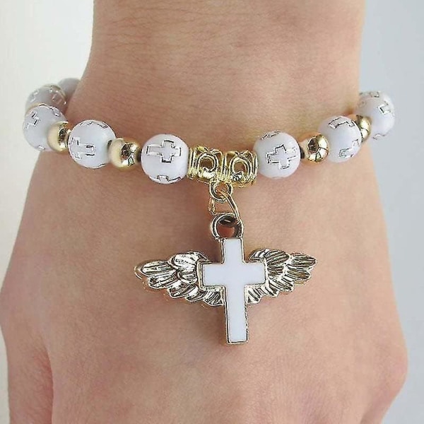 Angel Wing Cross Bracelet, Rosary Bracelet For Women, Catholic Stretch Bead Bracelet Baptism Gift-blue