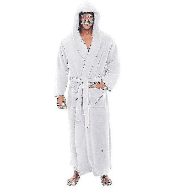 Flanelipukuinen miesten huppuinen, paksu ja lämmin kylpytakki, pitkä kimono White S