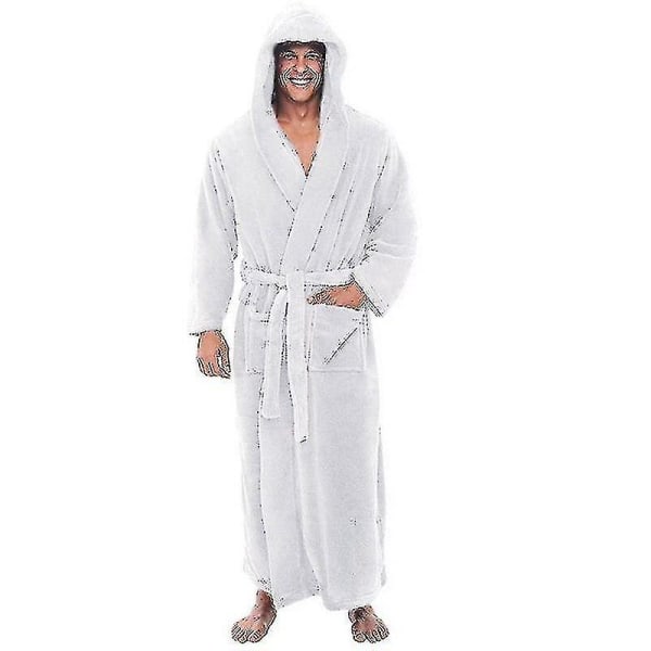 Flanellimies, jossa hupullinen, paksu lämmin puku, kylpytakki, erittäin pitkä kimono White XL