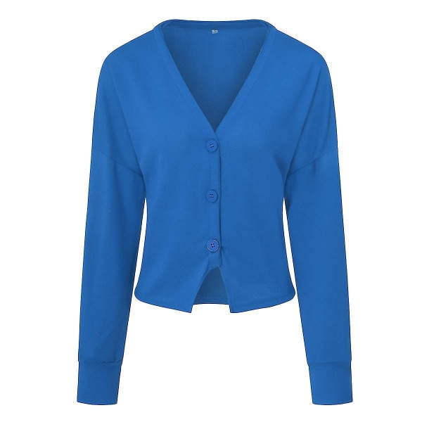 Bomuld Dame V-hals Fashion Design Løs ensfarvet Casual Cardigan 15 farver Blue L
