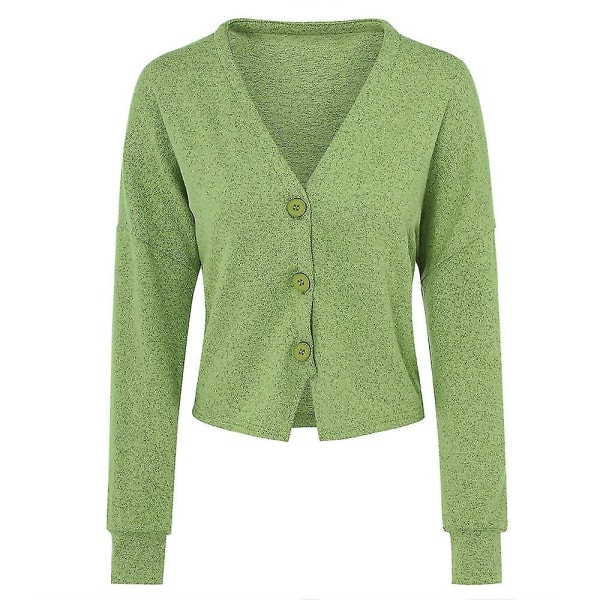Bomuld Dame V-hals Fashion Design Løs ensfarvet Casual Cardigan 15 farver Apple Green L