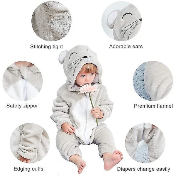 Unisex Baby Djurdräkt Vinter Höst Flanell Huvad Romper Cosplay Mouse 70