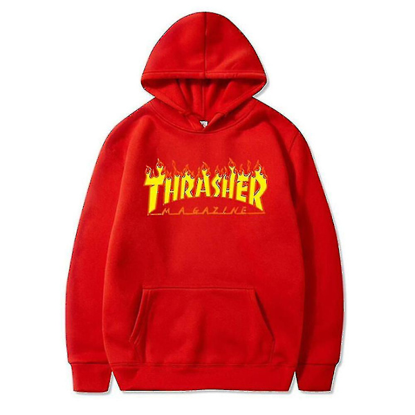 Unisex Thrasher Hoodie med Bokstavstryck, Sweatshirt med Snodd Huva och Fickor Red S
