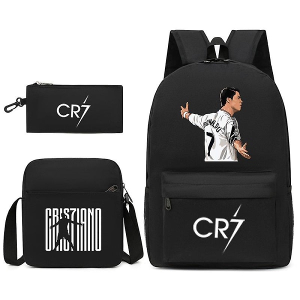 Fodboldstjerne C Ronaldo CR7 trykt rygsæk til skolebrug - tredelt sæt Black 3 Backpack pencil case