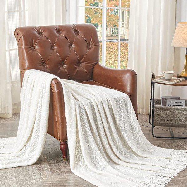 Strikkede tæpper til sofa og seng, blødt og hyggeligt strikket tæppe med kvast, off white lette dekorative tæpper og sengetæpper, 130 * 230CM