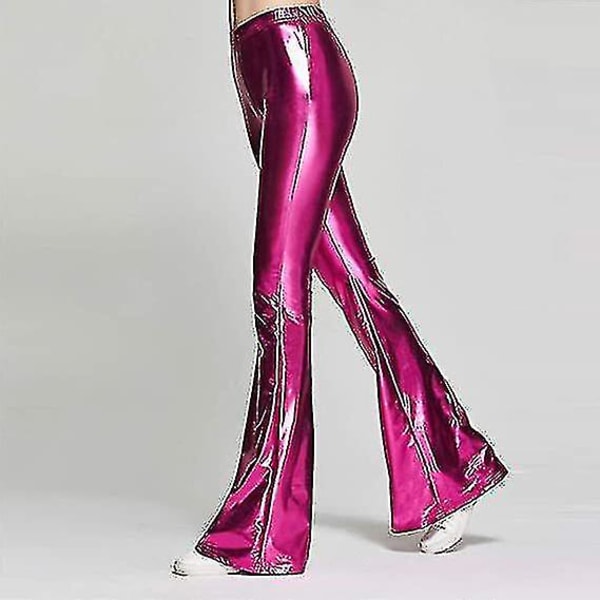 Dam 70-tal Mermaid Shiny Metallic Flare Leg Byxor Hippie Metallic Pants Yogabyxor Rose red M