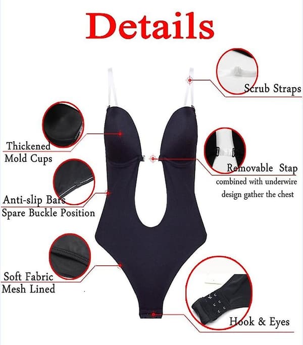 Kroppsformande underklänning för kvinnor, rygglös BH, stringtrosa, midjetränare, U-ringad shapewear Skin S