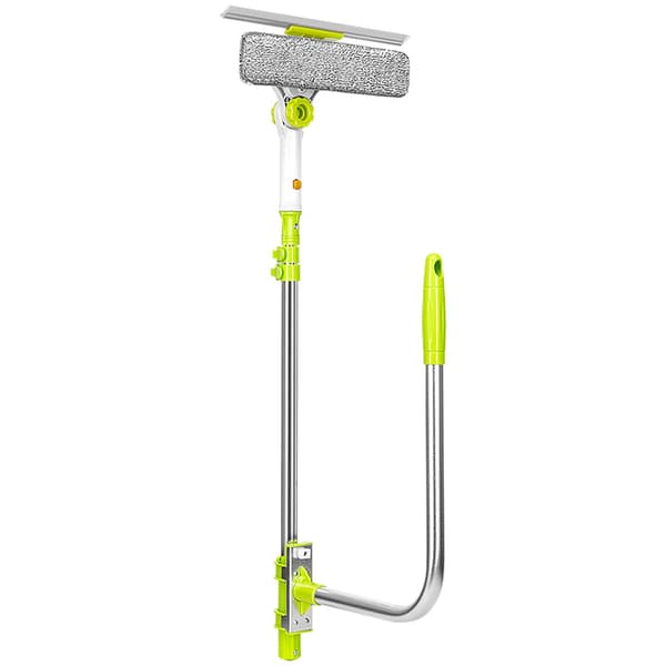 Window cleaner with smart angle, extendable telescopic handle and double-sided window squeegee for the outside