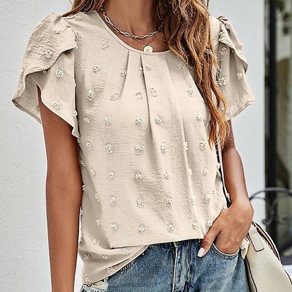 Dame T-skjorte Rund Hals Chiffon Topper Polka Dot Tunika Bluse Casual Blomst-Erme Tee Apricot L