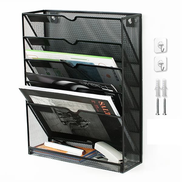 5-Layer Wall File Holder Vertical Placement Glossy Edges Wall Mounted File Holder with Hanging Hole for Office Black