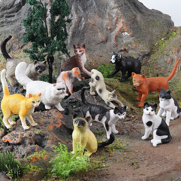 12 st Simulation Katt/Hund Figurer Realistiska Miniatyr Djurfigur Modell PVC Solid Kattunge/Valp Staty Modell Skrivbordsdekoration Bil Hem Dekoration Dog