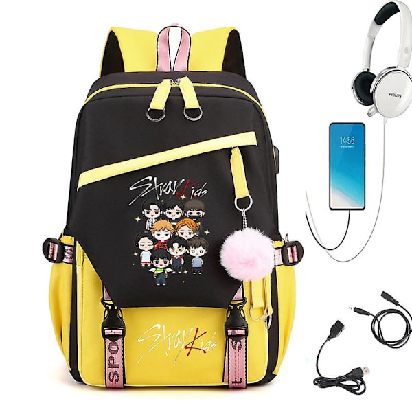 Stray Kids Combo Runt Skolan Väska USB Ryggsäck Skolryggsäck Koreansk Student Herr- Och Damväskor