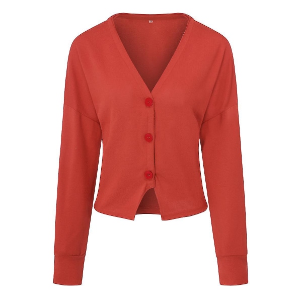 Bomuld Dame V-hals Fashion Design Løs ensfarvet Casual Cardigan 15 farver Orange red L