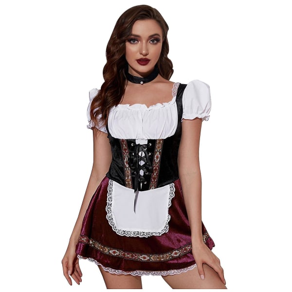 Oktoberfest-kostyme for kvinner, Halloween-øl-tjenerkostymer i fløyel med snøring Purple  White L