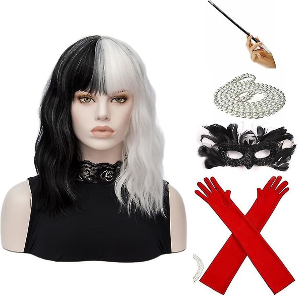 Cosplay Halloween Kostymfest Peruk Cruella De Vil Svart Vit Med Lugg Kort Bob Dam Peruk Värmebeständig Syntetisk Peruk Gloves