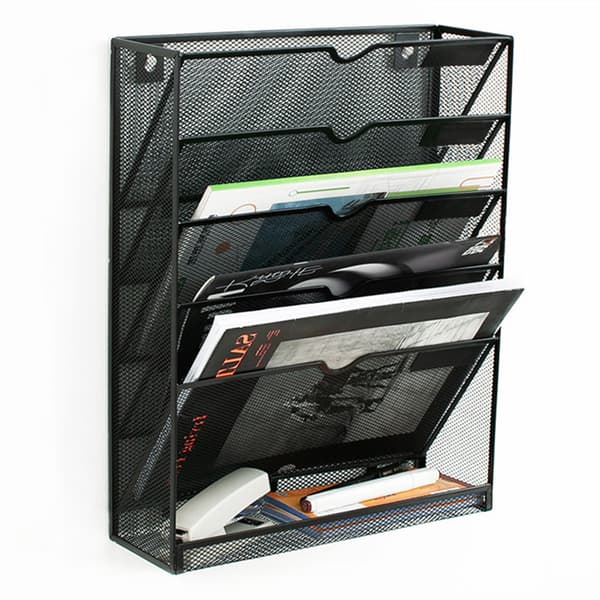 5-Layer Wall File Holder Vertical Placement Glossy Edges Wall Mounted File Holder with Hanging Hole for Office Black
