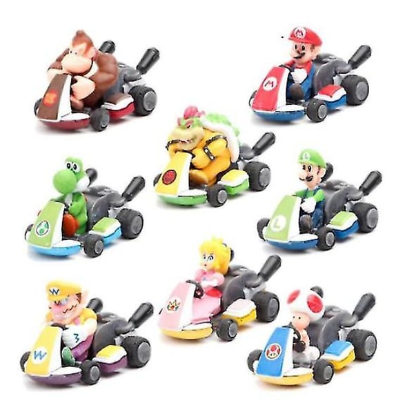 8 stk Super Mario Kart Trekkbiler Luigi Toad Bowser Prinsesse Figur Barn Leke