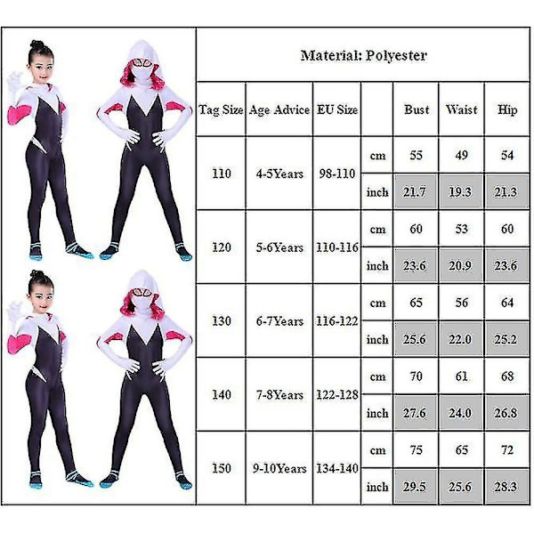 Spider-Gwen Cosplay Jumpsuit Kostume til Piger 4-10 År med Maske 5-6 Years