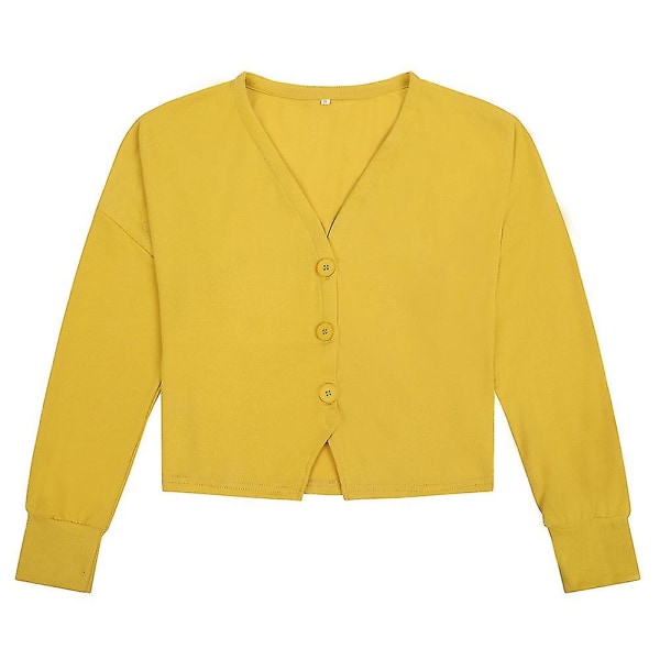 Bomuld Dame V-hals Fashion Design Løs ensfarvet Casual Cardigan 15 farver Yellow XL