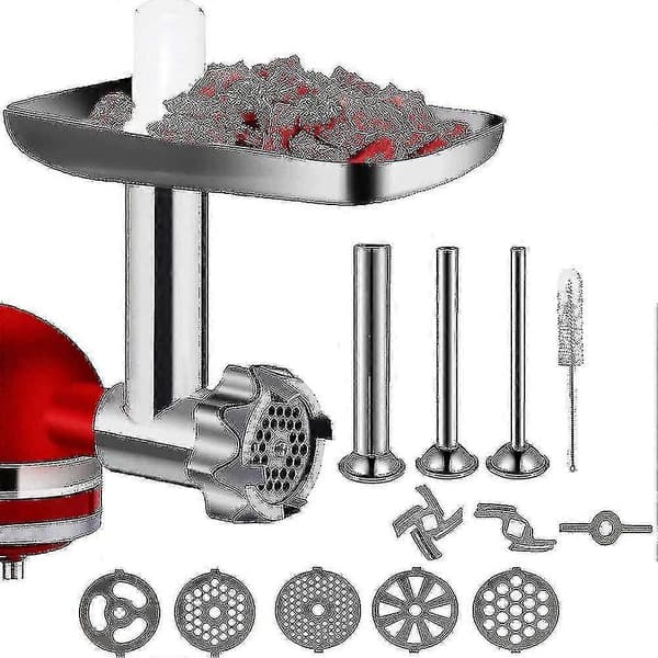 KitchenAid Kødhakker Tilbehør, Rustfrit Stål Madhakker med 5 Skiver 2 Knive, Nem Rengøring til Pølser & Grøntsager