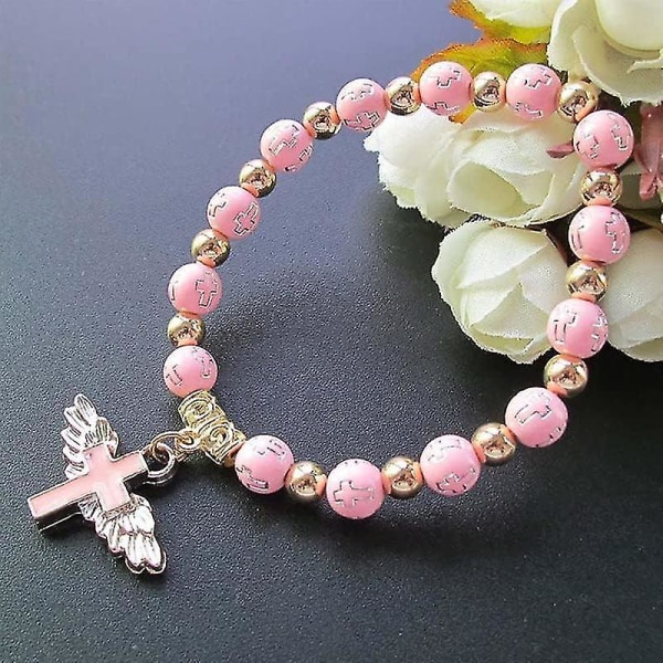 Angel Wing Cross Armbånd, Rosenkrans Armbånd Til Kvinder, Katolsk Stretch Perle Armbånd Dåb Gave-pink
