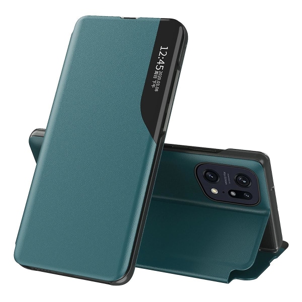 För Oppo Find X5 Pro View Window Stand Feature Business Phone Case Pu Läder Magnetic Absorption Flip Cover Green