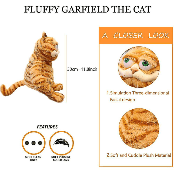 Garfield Plyslegetøj - 11,8 tommer Sød Fed Realistisk Tabby Kat Blød Fyldt Plyslegetøj Dukke Den Bedste Gave Til Jul Fødselsdag Halloween