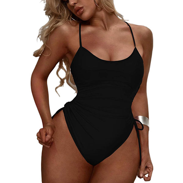 Dames Rynket Højbenet Badedragt Tummy Control Monokini Bikini Black L