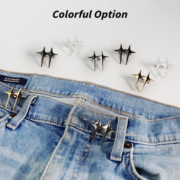 Par Jeans Knapper Pins, Fire Spidset Design Stramme Taljeknapper, Justerbare og Syfri Metal Bukser Talje Strammer Silver