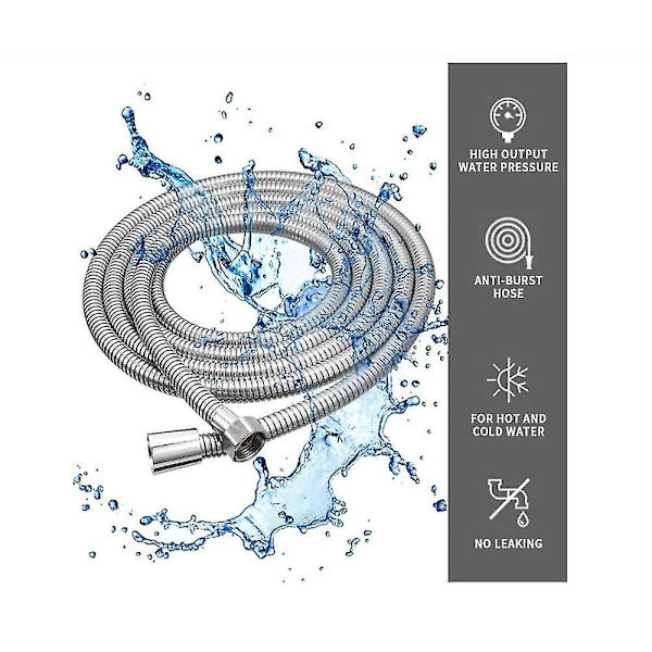 Brusestang 5m Ekstra Lang Rustfrit Stål Bruseslange, Med Massiv Messingforbindelse, Universal, Anti-burst, Kromfinish. (500cm)