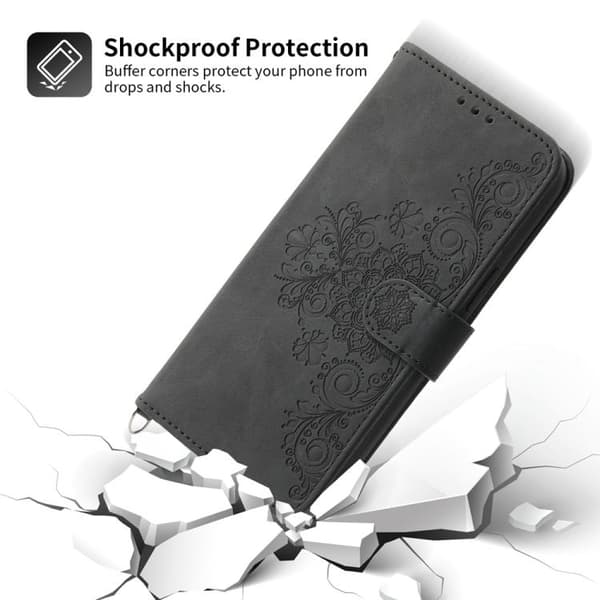 Samsung Galaxy S26 5G Case with Flower Embossing - Leather Case Svart
