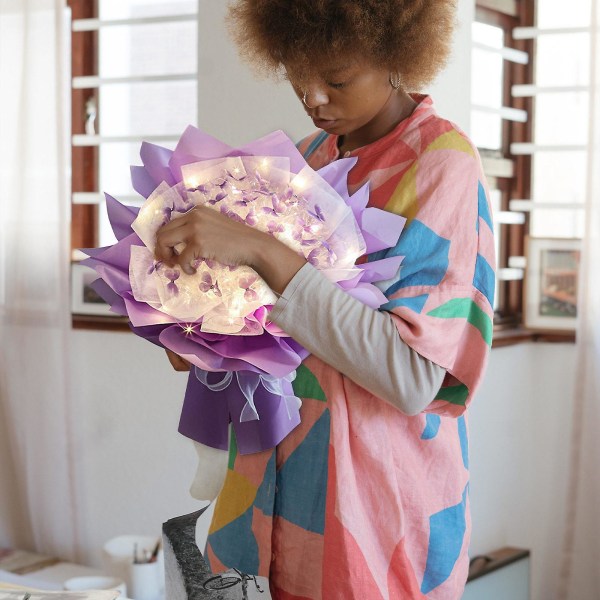 Hårband Nytt 52 st Fjärilar Blombukett Set med LED-ljus Fantastiska presentidéer för alla hjärtans dag, födelsedag, årsdag, förlovning Purple