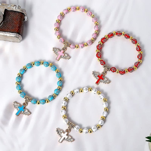 Angel Wing Cross Armband, Rosenkrans Armband För Kvinnor, Katolsk Stretch Bead Armband Dop Present-4st