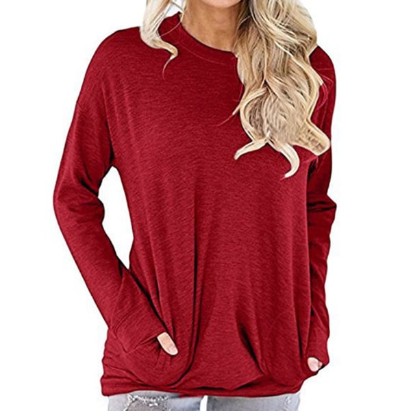 Pyöreäkauluksinen pitkähihainen kevyt ja ohut iholle miellyttävä pusero työmatkalle Red XL